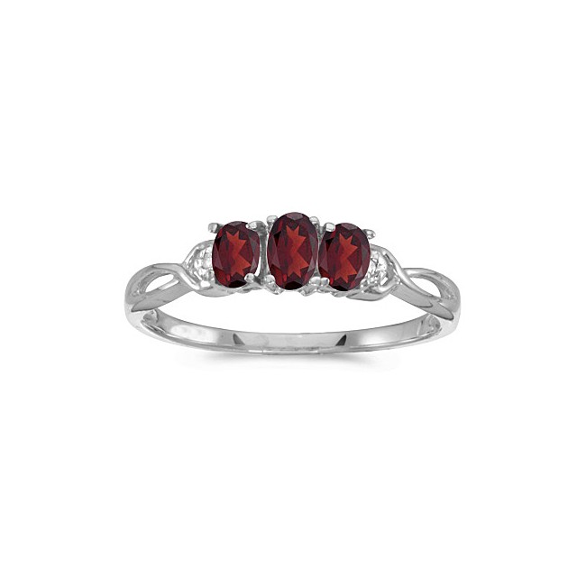 14k White Gold Oval Garnet And Diamond Three Stone Ring