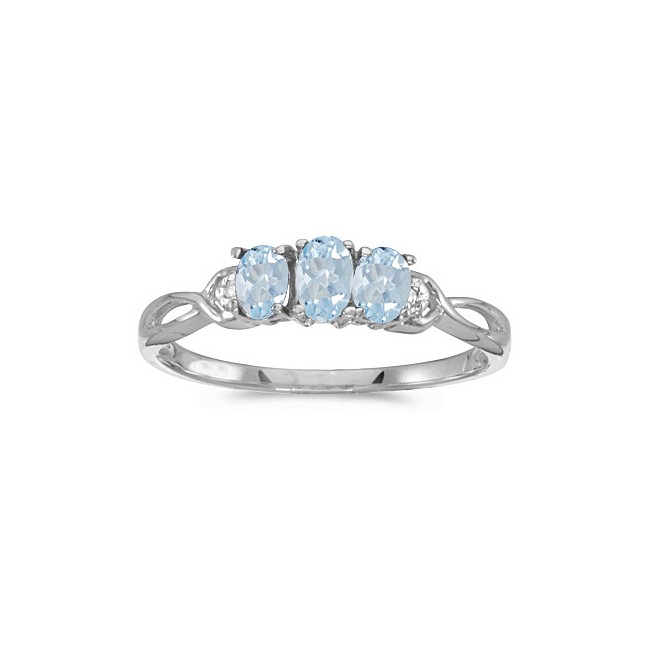 14k White Gold Oval Aquamarine And Diamond Three Stone Ring