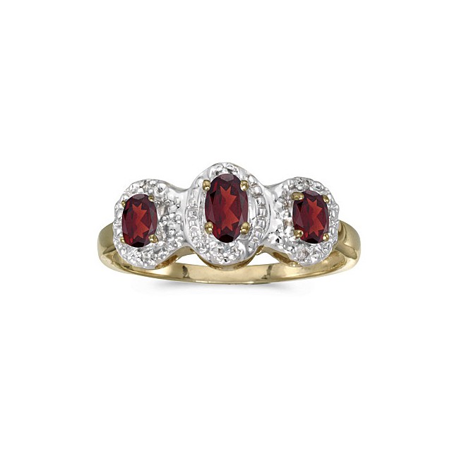 10k Yellow Gold Oval Garnet And Diamond Three Stone Ring