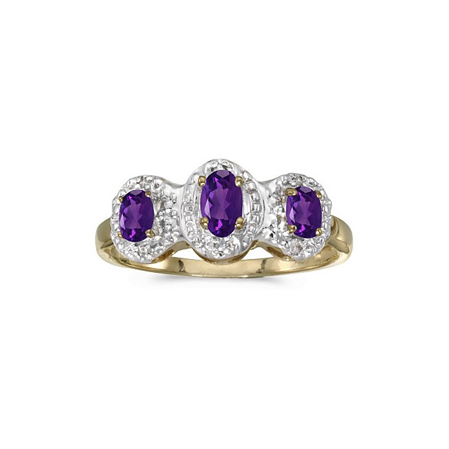 10k Yellow Gold Oval Amethyst And Diamond Three Stone Ring