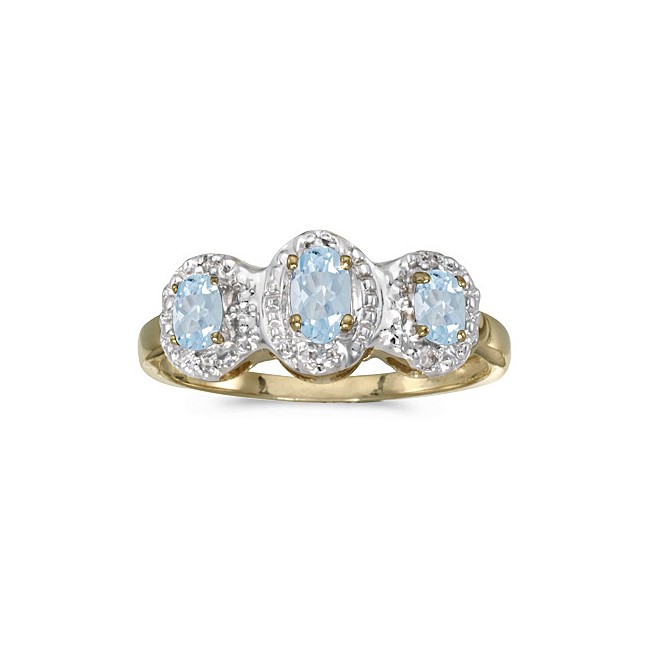 10k Yellow Gold Oval Aquamarine And Diamond Three Stone Ring