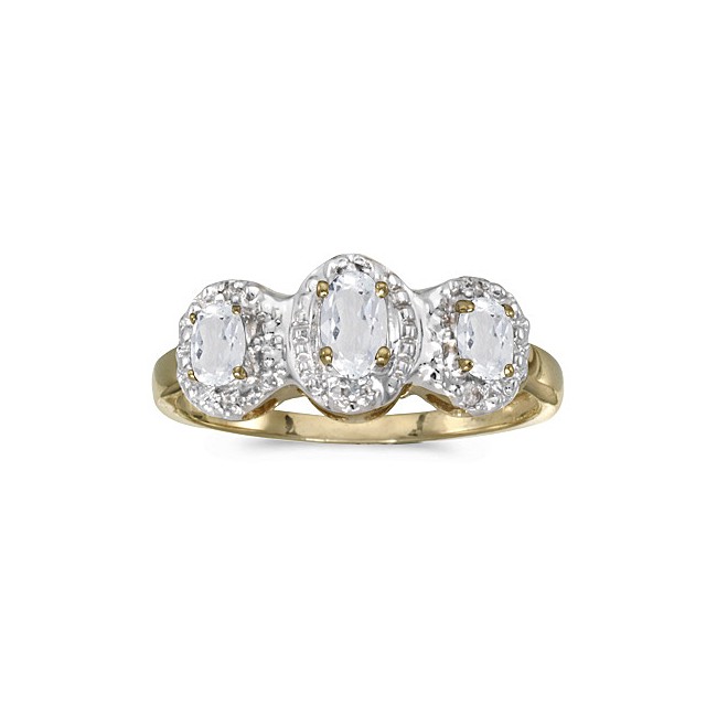 10k Yellow Gold Oval White Topaz And Diamond Three Stone Ring