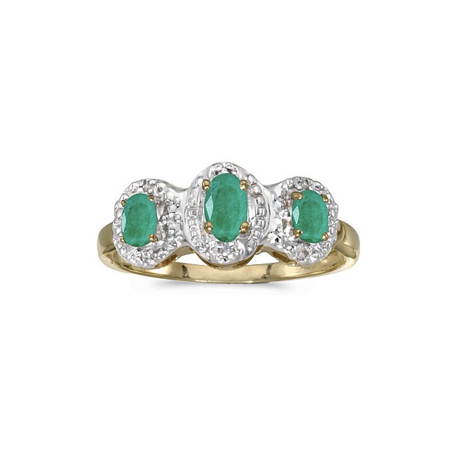 10k Yellow Gold Oval Emerald And Diamond Three Stone Ring