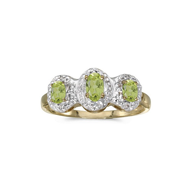 10k Yellow Gold Oval Peridot And Diamond Three Stone Ring