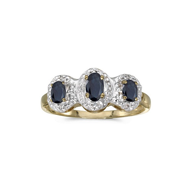 10k Yellow Gold Oval Sapphire And Diamond Three Stone Ring