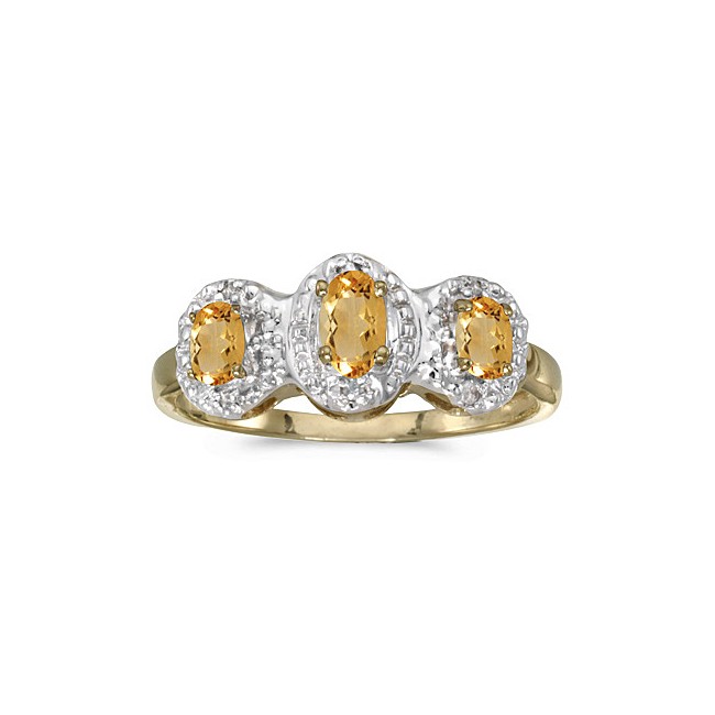 10k Yellow Gold Oval Citrine And Diamond Three Stone Ring