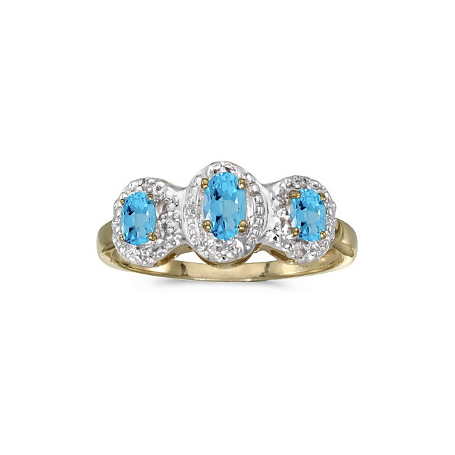 10k Yellow Gold Oval Blue Topaz And Diamond Three Stone Ring