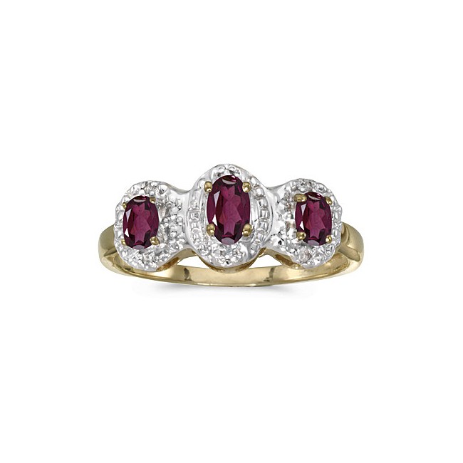 10k Yellow Gold Oval Rhodolite Garnet And Diamond Three Stone Ring