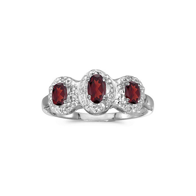 10k White Gold Oval Garnet And Diamond Three Stone Ring