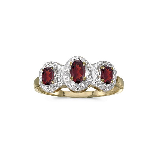 14k Yellow Gold Oval Garnet And Diamond Three Stone Ring
