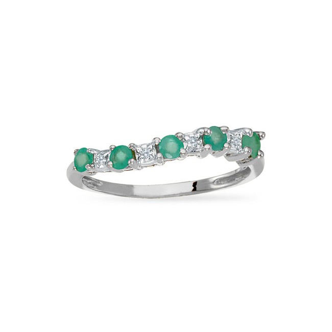 14K White Gold Precious Emerald and Diamond Curved Band Ring