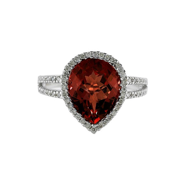 14K White Gold 11X8 mm Pear Garnet and Diamond Ring