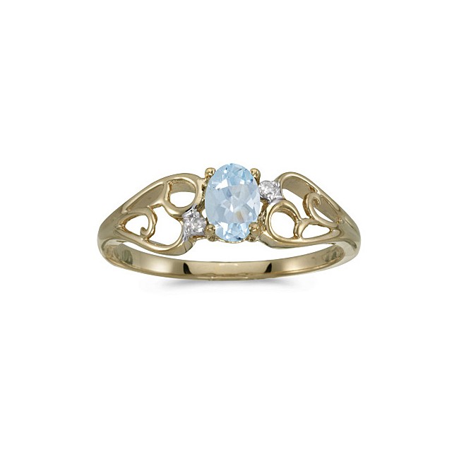 10k Yellow Gold Oval Aquamarine And Diamond Ring