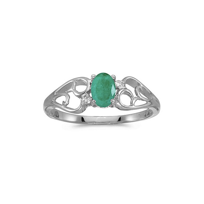 14k White Gold Oval Emerald And Diamond Ring