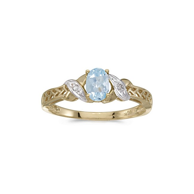 10k Yellow Gold Oval Aquamarine And Diamond Ring