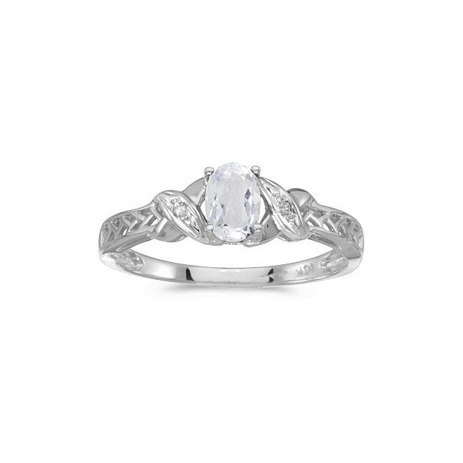 10k White Gold Oval White Topaz And Diamond Ring