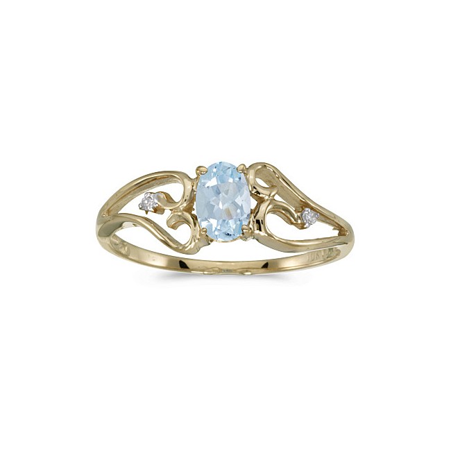 10k Yellow Gold Oval Aquamarine And Diamond Ring