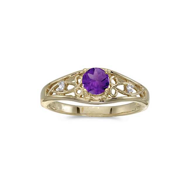 10k Yellow Gold Round Amethyst And Diamond Ring