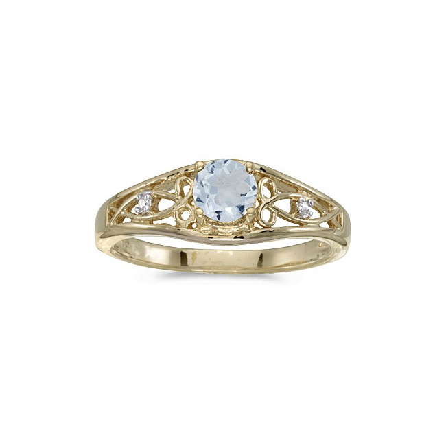 10k Yellow Gold Round Aquamarine And Diamond Ring