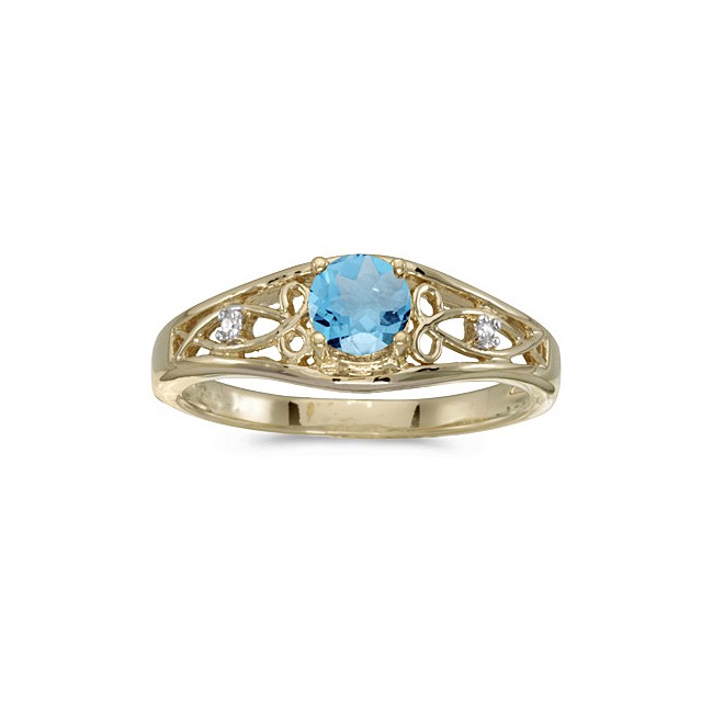 14k Yellow Gold Round Blue Topaz And Diamond Ring