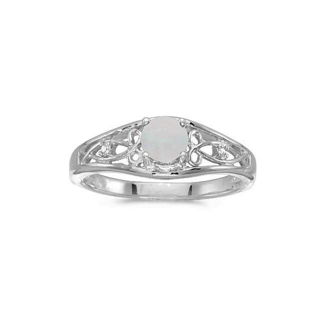 14k White Gold Round Opal And Diamond Ring