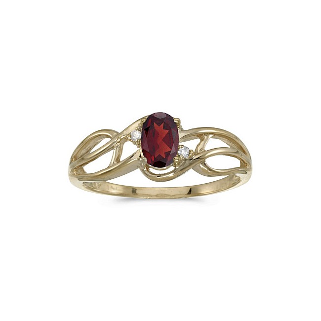 10k Yellow Gold Oval Garnet And Diamond Curve Ring