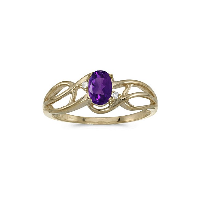 10k Yellow Gold Oval Amethyst And Diamond Curve Ring