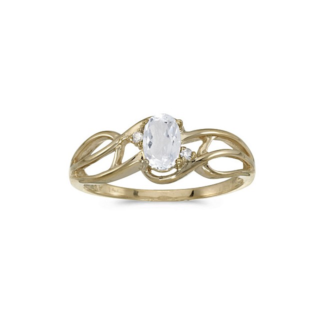 10k Yellow Gold Oval White Topaz And Diamond Curve Ring