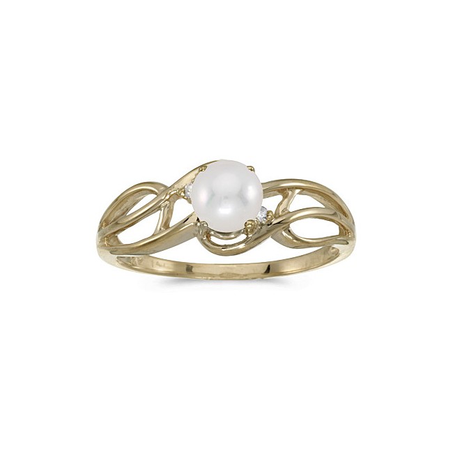 10k Yellow Gold Pearl And Diamond Curve Ring