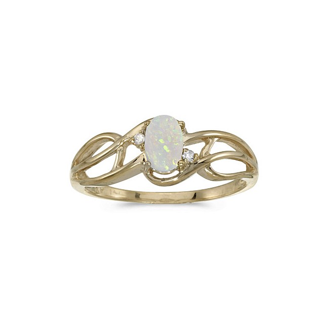 10k Yellow Gold Oval Opal And Diamond Curve Ring