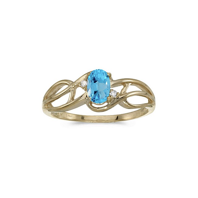 10k Yellow Gold Oval Blue Topaz And Diamond Curve Ring