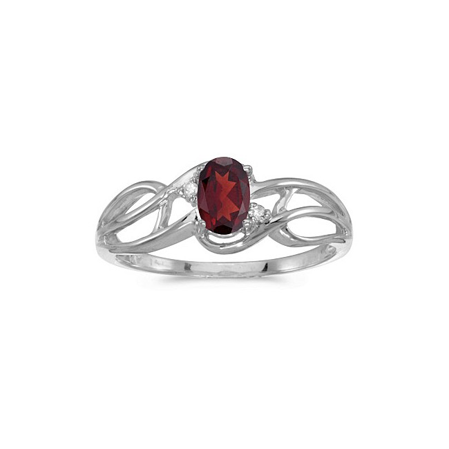 10k White Gold Oval Garnet And Diamond Curve Ring