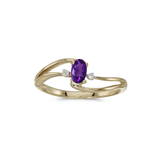 10k Yellow Gold Oval Amethyst And Diamond Wave Ring
