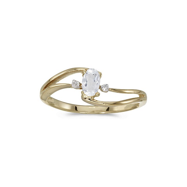 10k Yellow Gold Oval White Topaz And Diamond Wave Ring