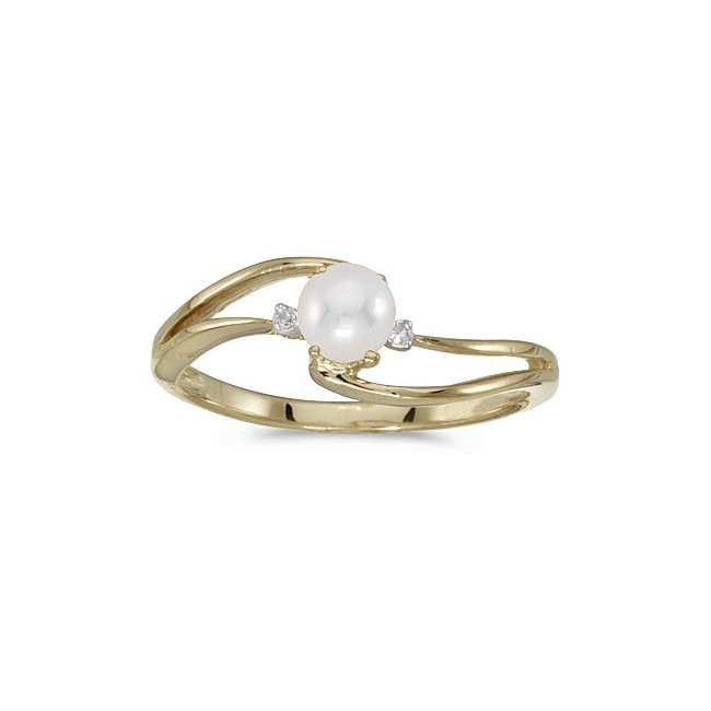 10k Yellow Gold Pearl And Diamond Wave Ring