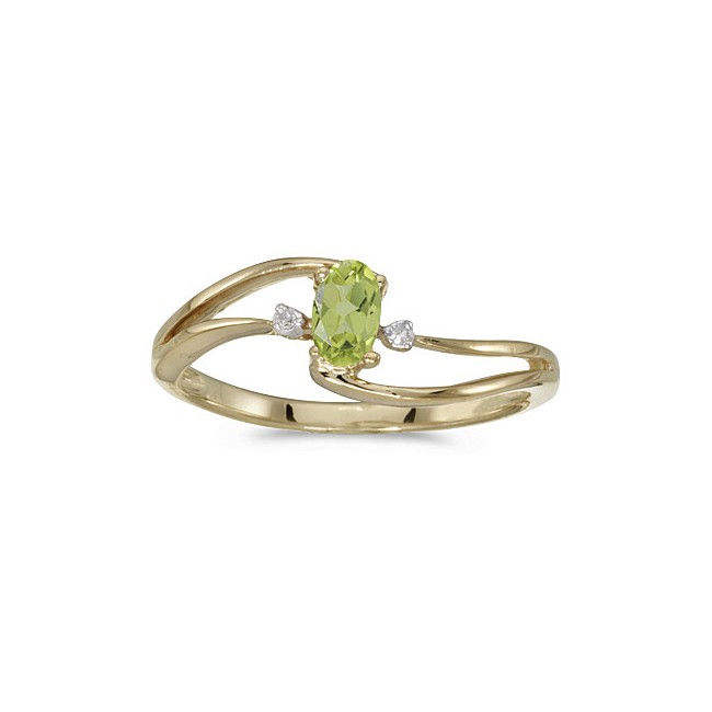 10k Yellow Gold Oval Peridot And Diamond Wave Ring