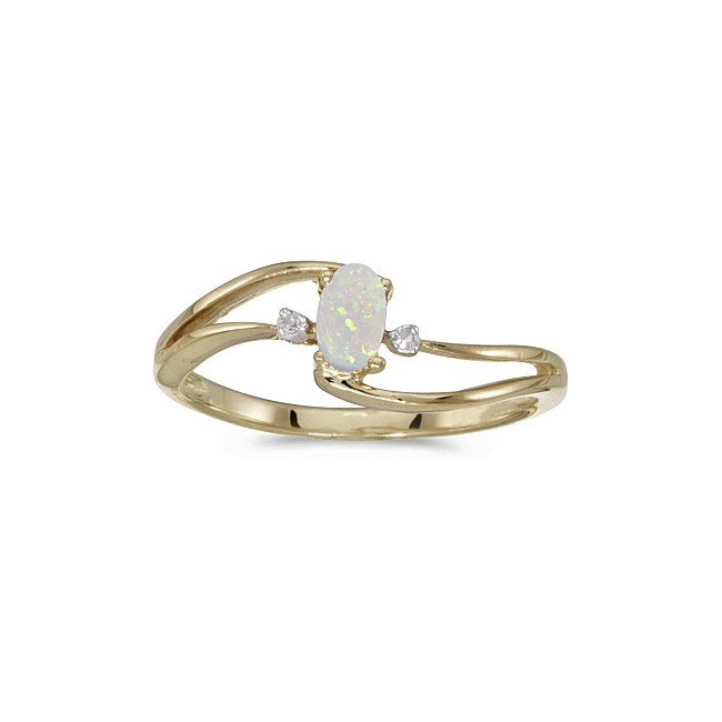 10k Yellow Gold Oval Opal And Diamond Wave Ring