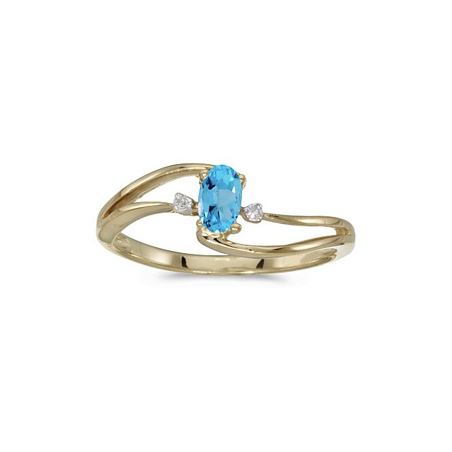 10k Yellow Gold Oval Blue Topaz And Diamond Wave Ring