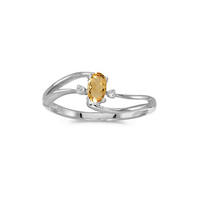 10k White Gold Oval Citrine And Diamond Wave Ring