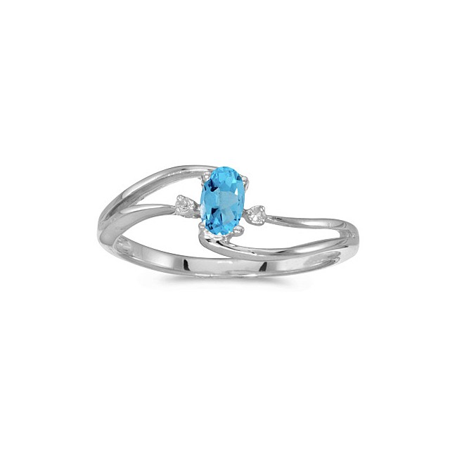 10k White Gold Oval Blue Topaz And Diamond Wave Ring
