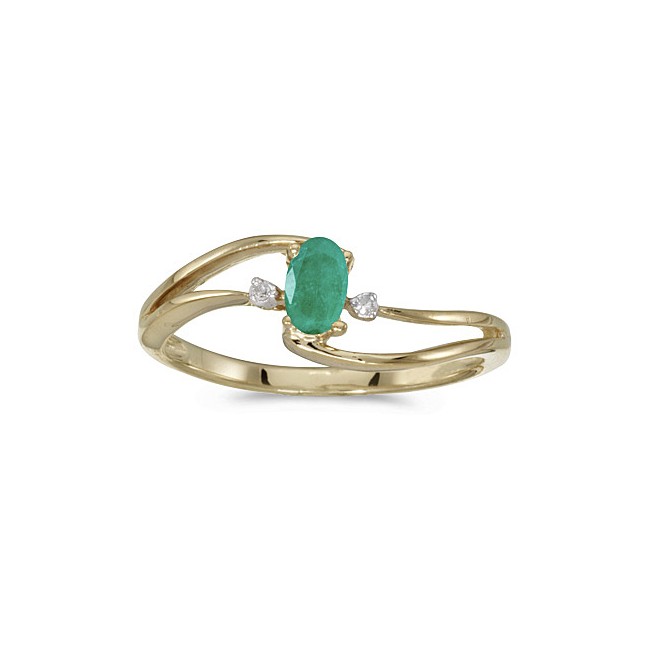 14k Yellow Gold Oval Emerald And Diamond Wave Ring