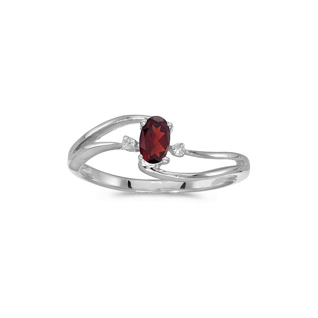 14k White Gold Oval Garnet And Diamond Wave Ring