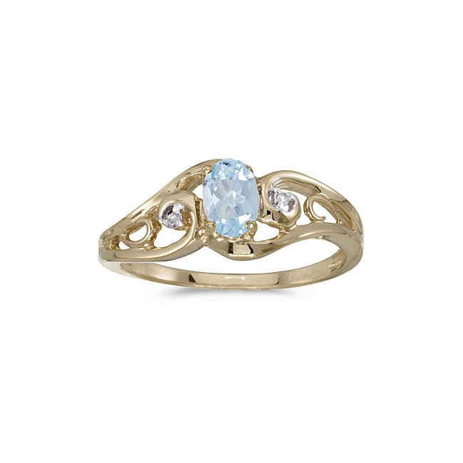 10k Yellow Gold Oval Aquamarine And Diamond Ring