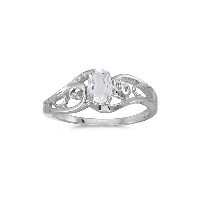 10k White Gold Oval White Topaz And Diamond Ring