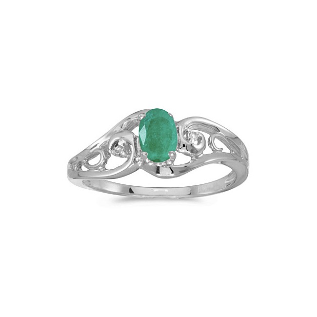 10k White Gold Oval Emerald And Diamond Ring