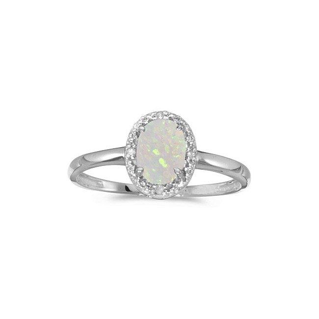 14k White Gold Oval Opal And Diamond Ring