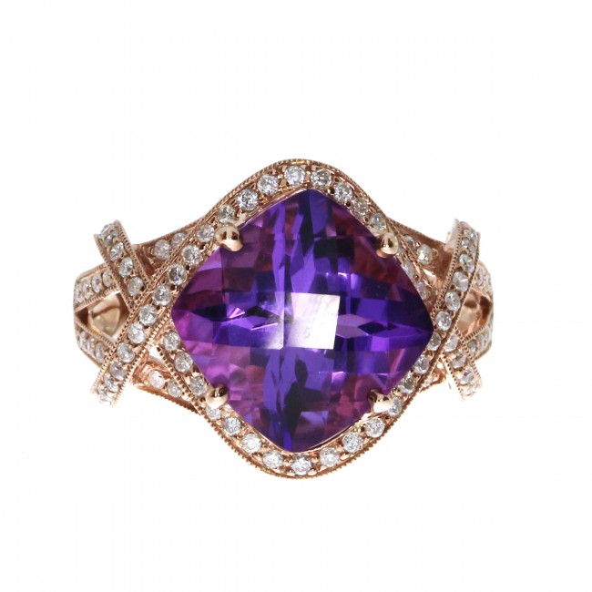 14K Rose Gold 11 mm Cushion Amethyst and Diamond Fashion Ring