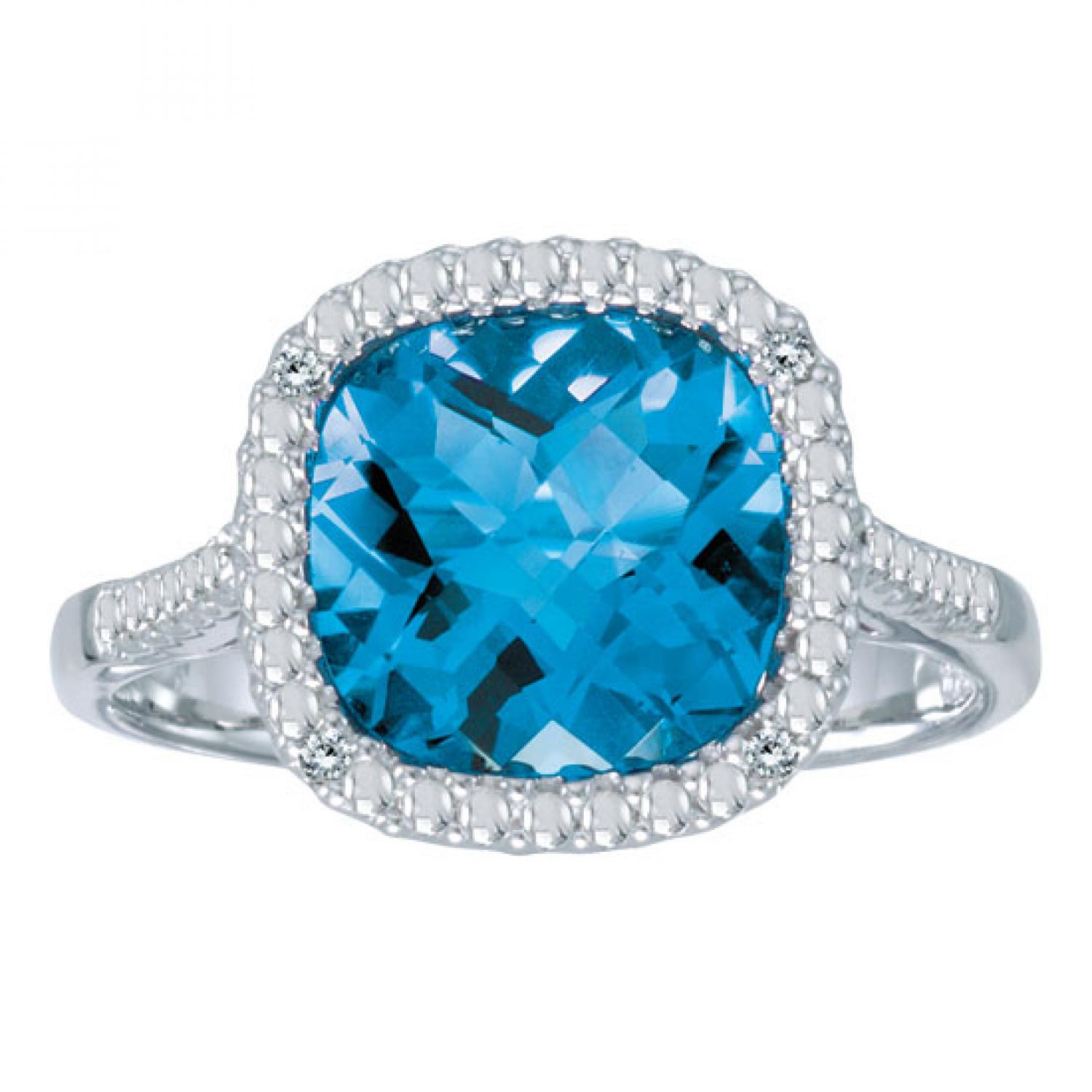 14K White Gold 7 mm Cushion Blue Topaz and Diamond Ring