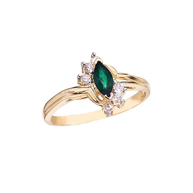 14K Yellow Gold 6x3 Marquise Emerald and Diamond Ring