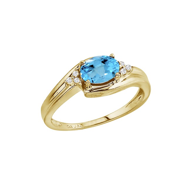 14K Yellow Gold Blue Topaz and Diamond Side Set Ring